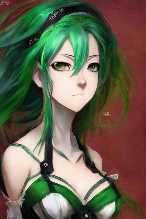 Prompt: anime girl with green hair wearing a corset, anime style, fantasy art, gorgeous face, digital drawing, by makoto shinkai, by wenjun lin