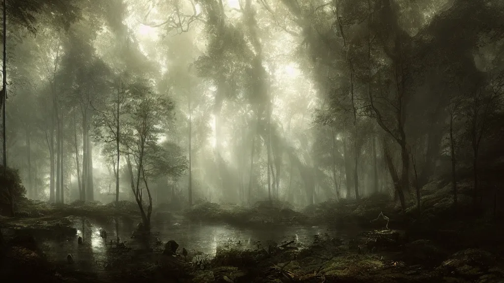 Image similar to a clearing with a deep pool of water, a sanctuary in the dark, dense forest. andreas achenbach, artgerm, mikko lagerstedt, zack snyder, tokujin yoshioka