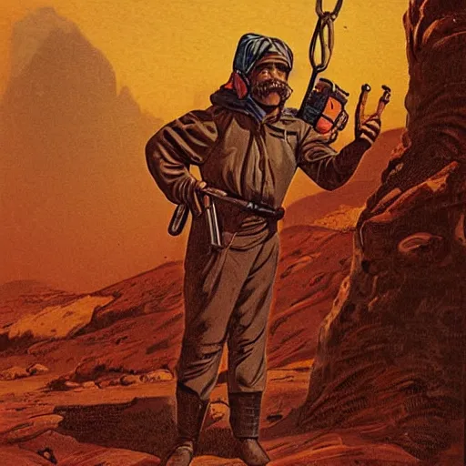 Image similar to 19th century trapper, on mars, pulp science fiction illustration