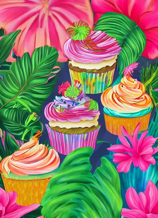 Prompt: a painting of tropical plants and cupcakes by lisa frank, behance, airbrush art, digital painting