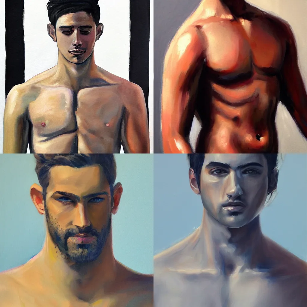 Prompt: a beautiful painting of a barechested man, upper body and face, trending on artstation