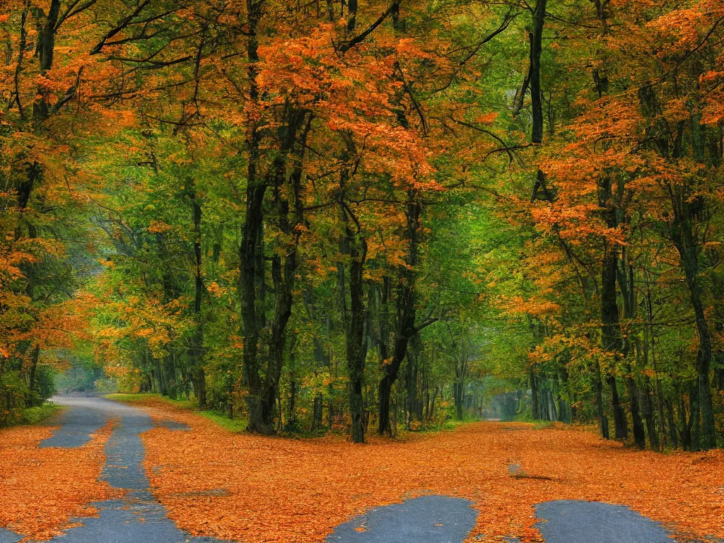 Image similar to Going to the end of the road, there are maple trees on both sides of the road, and maple leaves are floating in the air, Vanishing Point, hdr, ue5, unreal engine 5, cinematic 4k wallpaper, ultra detailed, high resolution, artstation, award winning.