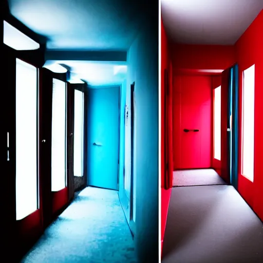 Image similar to two doors, one leads to a bathroom soaked in blue light, the other leads to a scary red hallway, vhs footage