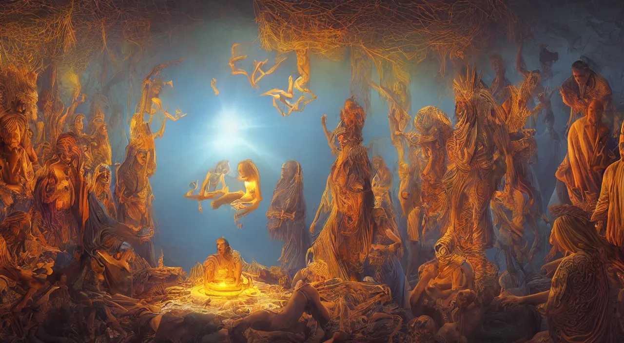 Prompt: visions of dmt in a shamanic ceremony in lake baikal - rays, ray - tracing, cinematic lighting, 4 k smooth, cinematic, complex, highly atmospheric lighting, golden ratio, rule of thirds, highly detailed, ornate, claudio bravo, alex grey, greg rutkowski, focus, cinematic, concept art, artstation, trending