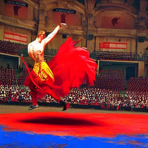 Image similar to electric red by frieke janssens, by glen fabry. a mixed mediart of a bullfight in spain. the mixed mediart is set in an arena with spectators in the stands. several figures in the mixed mediart, including a matador & a bull.