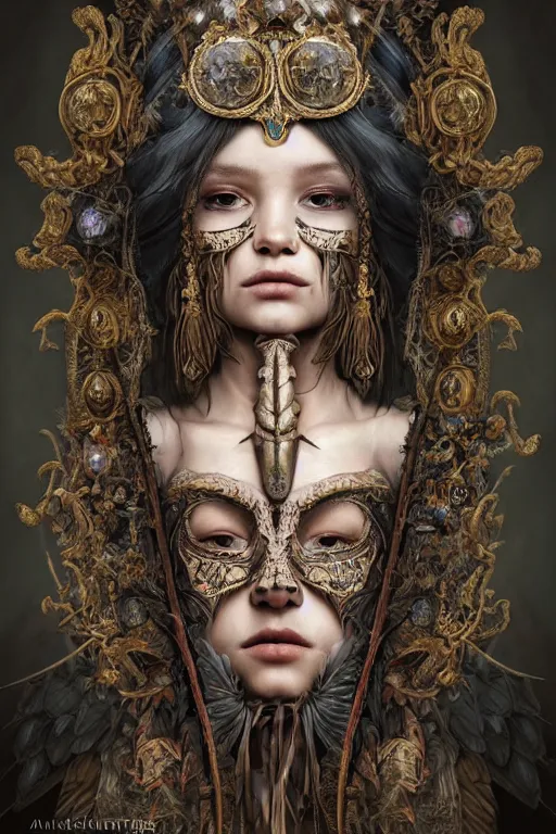 Image similar to A masterpiece ultrarealistic portrait of a Irristible angel princess tribal-shaman-knight-witch-ghost with Skull Iron mask. baroque renaissance girl in the night forest. medium shot, intricate, elegant, highly detailed. trending on artstation, digital art, by Stanley Artgerm Lau, WLOP, Rossdraws, James Jean, Andrei Riabovitchev, Marc Simonetti, Yoshitaka Amano. background by James Jean and Gustav Klimt, light by Julie Bell, 4k, porcelain skin.