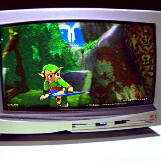 Prompt: photo of an old TV running Legend of Zelda: Ocarina of time