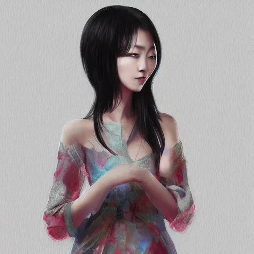 Image similar to Asian woman wearing a dress, ArtStation trending, detailed, digital art, calm colors,