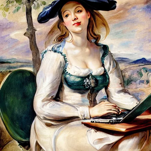 Image similar to heavenly summer sharp land sphere scallop well dressed lady working on her laptop while drinking a starbucks coffee, auslese, by peter paul rubens and eugene delacroix and karol bak, hyperrealism, digital illustration, fauvist