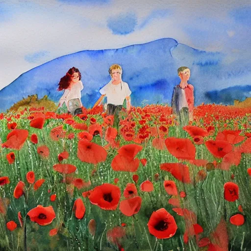 Image similar to manon and gregoire in a poppy field, watercolor