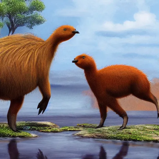 Image similar to capybaras vs emus, concept art, hyper realistic, beautiful, cinematography, 4k