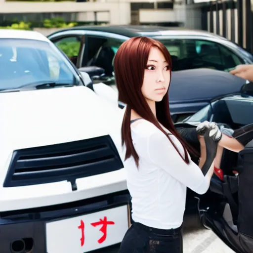 Image similar to Anime young woman with huge steroid muscles picking up a car in Tokyo.