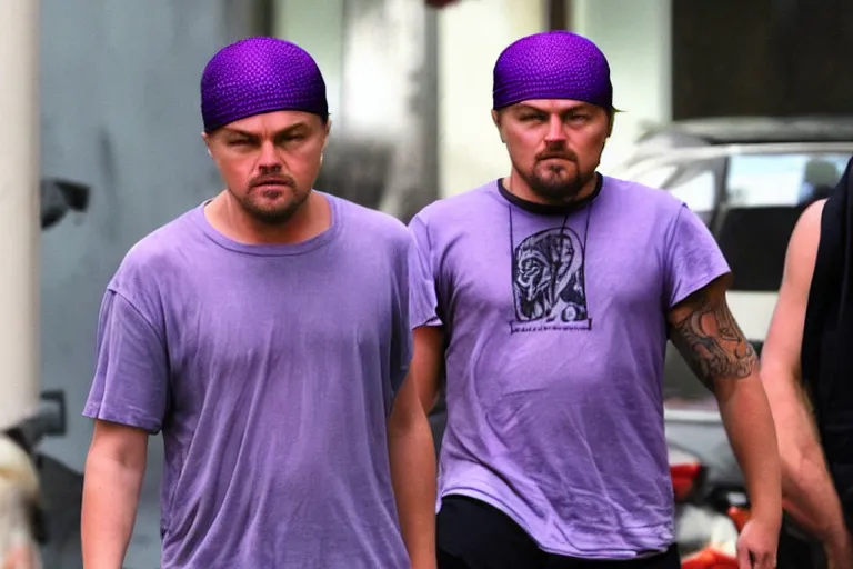 Prompt: medium full shot of leonardo dicaprio as a gang member wearing a purple head covering made from a polyester or nylon material and a stained white tank top caught sliding on a opp, arms covered in gang tattoo, paparazzi, leaked footage, uncomfortable, bad quality