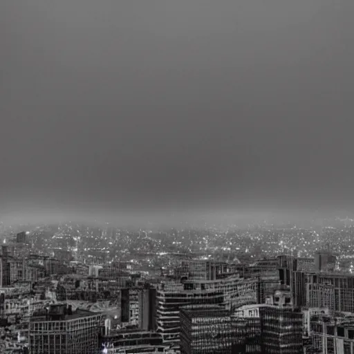 Image similar to a black and white medium shot of a foggy city heavy contrast selective exposure dark heavy black