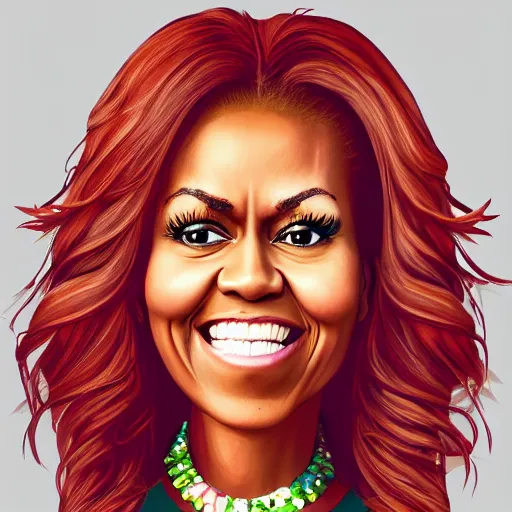 Image similar to portrait photo of a pomegranate in the shape of michelle obama, pomegranate with michelle obama's face, smiling softly, sharp detailed face, clear sharp facial features, medium shot, highly detailed, artstation, 8 k