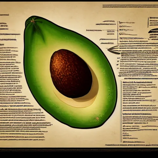Prompt: anatomy of a avocado, da vinci notes, ultradetailed, artstation