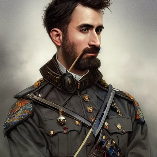 Image similar to portrait of stoic looking john oliver, military uniform, fantasy, intricate, elegant, highly detailed, centered, dark, smokey, charcoal painting, digital painting, artstation, concept art, smooth, sharp focus, illustration, art by artgerm and greg rutkowski and alphonse mucha