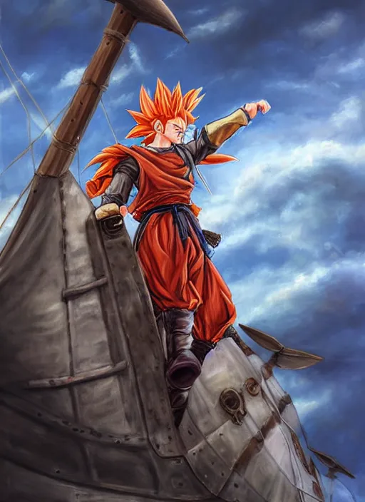 Image similar to epic fantasy portrait painting of a long haired, red headed male sky - pirate in front of an airship in the style of the dragonball