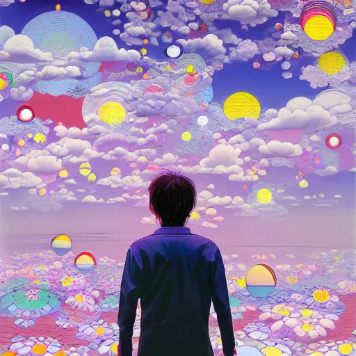 Image similar to a man walking on clouds away from the camera above kyoto by takashi murakami, beeple and james jean, aya takano color style, 4 k, super detailed, modern, 4 k, symmetrical