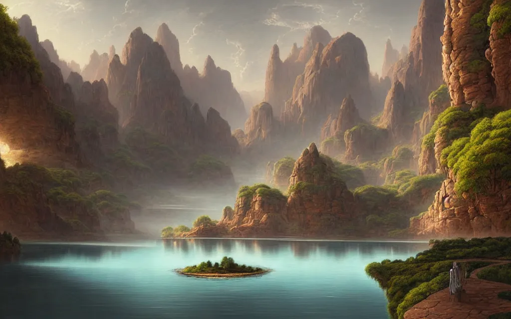 Image similar to a beautiful highly detailed matte painting of an alien planet with giant lotus with a lake surrounded by a canyon and rocks. by albrecht anker concept art