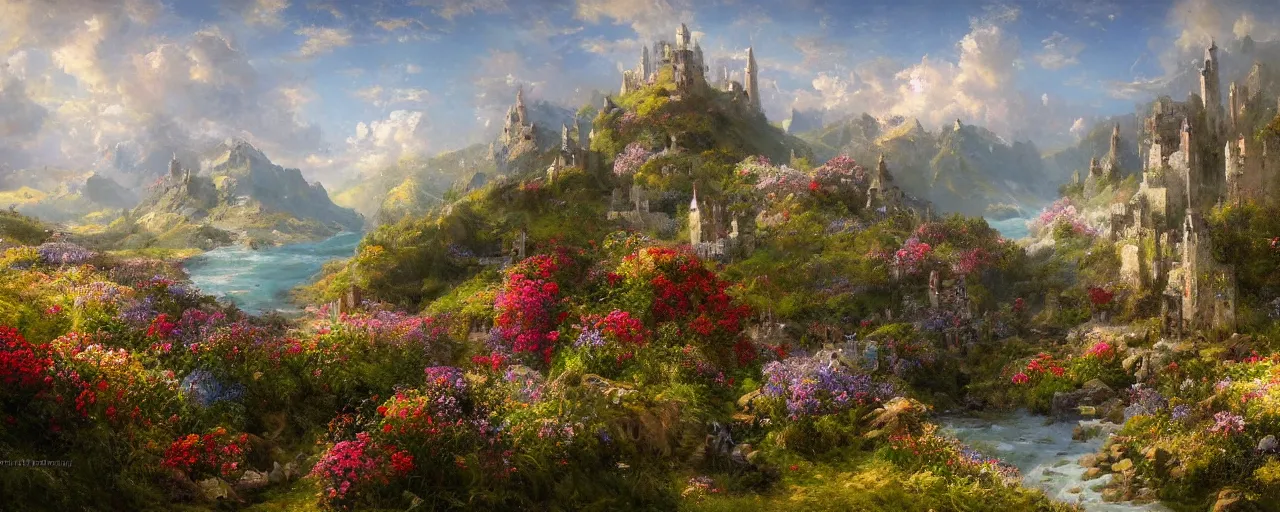 Image similar to the valley of flowers! near the sea! of dreams, ancient towers by quentin mabille