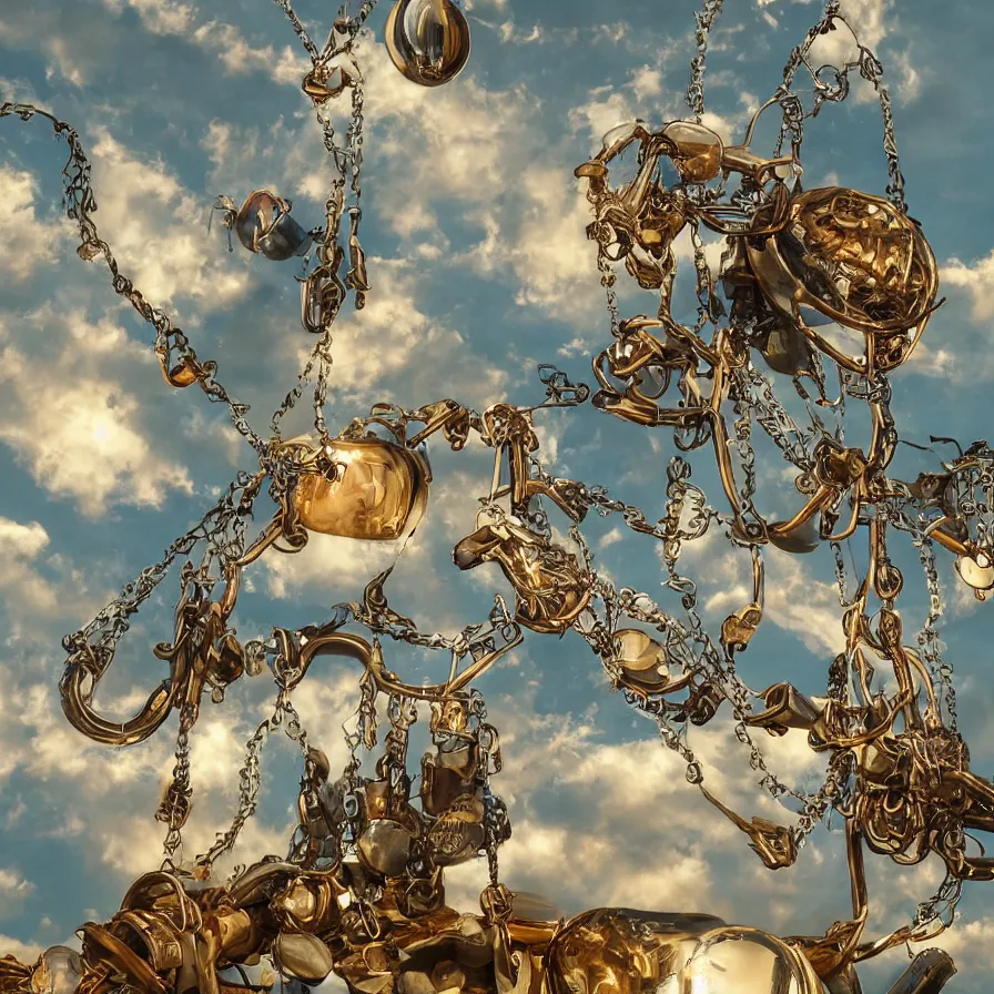 Image similar to beautiful blimps high in the sky, copper chains hanging from the edges, steampunk styled, golden hour, steam clouds, clouds, valves, award winning photography, highly detailed, low poly, extremely wide angle