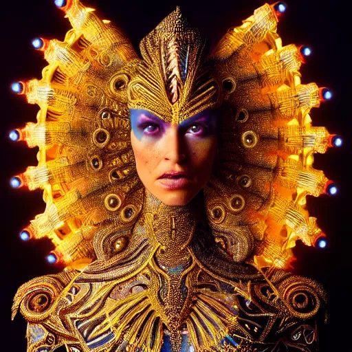 Image similar to uhd photorealisitc inspiring photo of a cosmic namekkian powered up. intricate details. ornate costume. glowing, powering up. hyperdetailed, accurate, global lighting. accurate face. symmetrical face. correct face. photo by annie leibowitz and steve mccurry