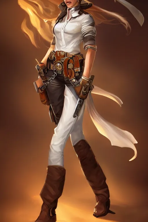 Image similar to full body, female cowgirl, perfect face, white blouse, long rifle, 8 k, magic the gathering, desert, d & d, artstation