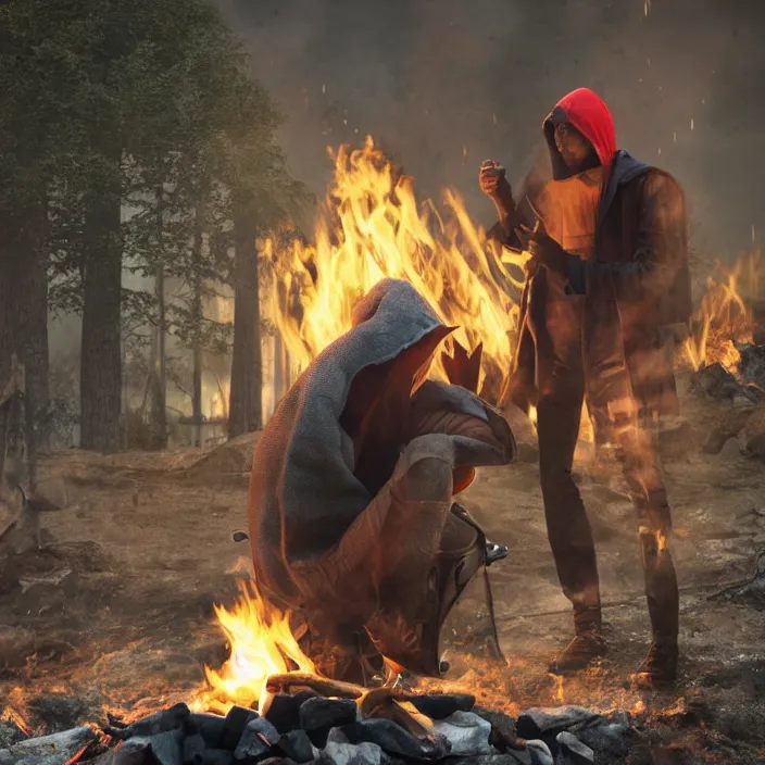 Image similar to hooded man smirking while dumping gas on a camp - fire, octane render, 4 k ultra hd, hyper - detailed, realistic, seedy lighting, sharp focus, fantasy dark art