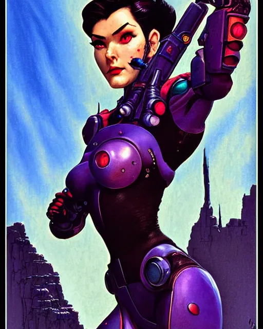 Image similar to widowmaker from overwatch, character portrait, portrait, close up, concept art, intricate details, highly detailed, vintage sci - fi poster, retro future, in the style of chris foss, rodger dean, moebius, michael whelan, and gustave dore