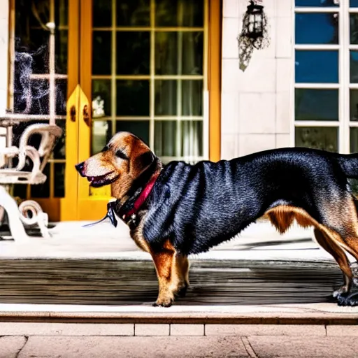 Image similar to a very detailed photo of a dog ( smoking a cigar ) outside the mansion by the pool