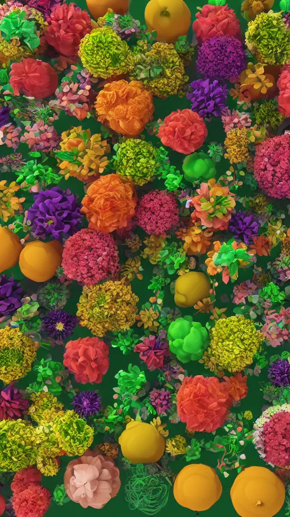 Image similar to a detailed render of a modular synth made of flowers and fruits, redshift renderer, hyperdetailed, 4k, soft lit