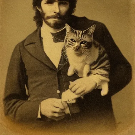 Image similar to close - up portrait of a cowboy holding a cat, 1 8 0 0 s