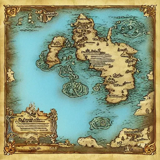 Prompt: fantasy world map, drawn, detailed