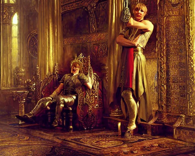 Image similar to attractive arthur pendragon, posing in the throne room of camelot highly detailed painting by gaston bussiere, craig mullins, j. c. leyendecker