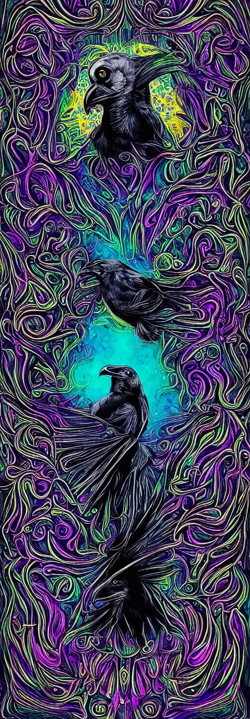 Image similar to psychedelic monochromatic artwork of a raven combined with a deer and an owl that is also a window into the ocean by didier comes