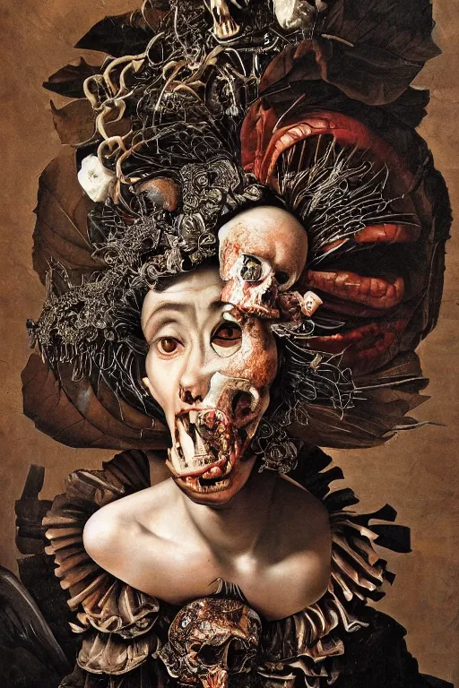 Image similar to Detailed maximalist portrait with large lips and with large, wide eyes, angry expression, extra bones, flesh, HD mixed media, 3D collage, highly detailed and intricate, surreal, illustration in the style of Caravaggio, dark art, baroque