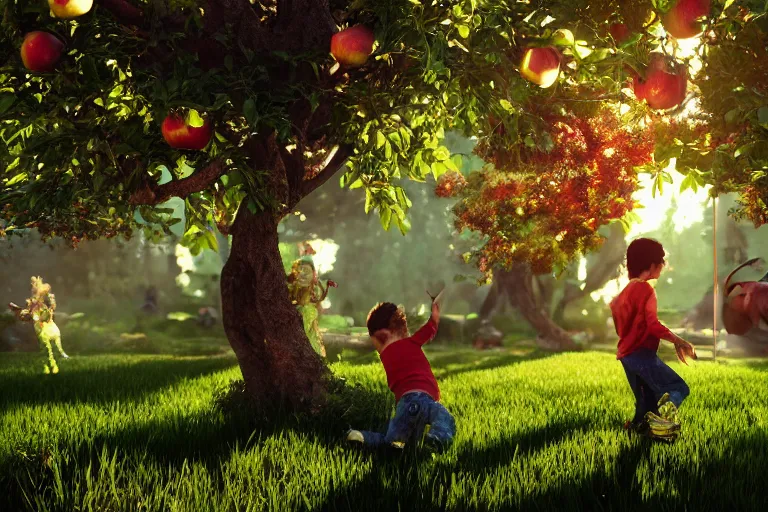 Prompt: kids in the garden are playing, sun breaks through the apple tree, green everywhere, sun, happy, joy, 4k, ultra details, cinematic, epic style, beautiful photo, hyper realistic, octane render, unreal engine, award winning, on artstation, volumetric lightning, masterpiece, golden hour,