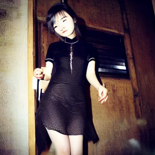 Prompt: cute vietnamese girl in semitransparent club dress, dark techno trip