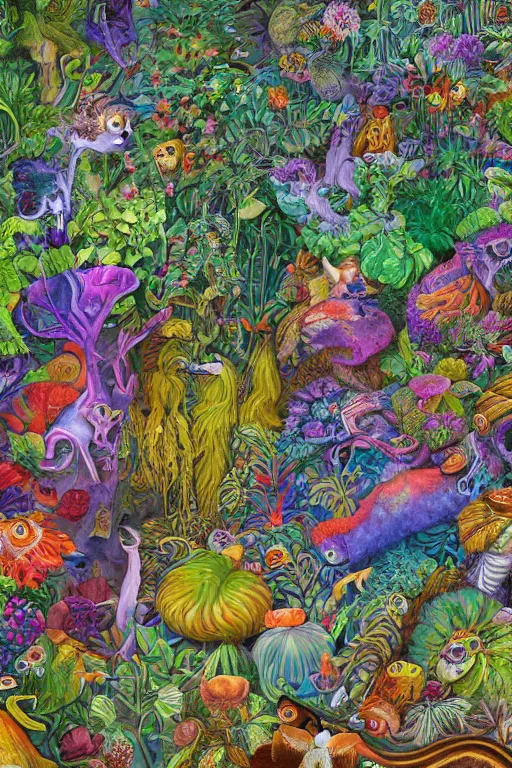 Prompt: a painting of a bunch of plants and animals, a detailed painting by john backderf, trending on behance, psychedelic art, behance hd, detailed painting, storybook illustration.