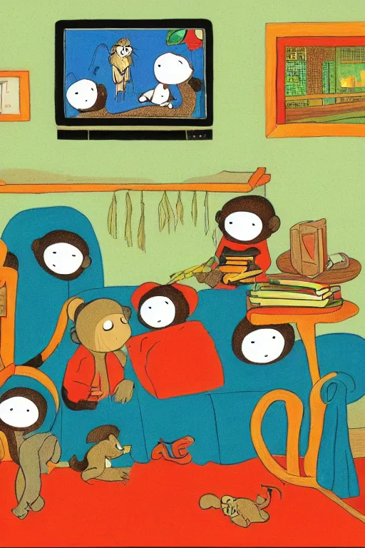 Image similar to an illustration of monkeys watching tv in the style of goodnight moon by margaret wise brown