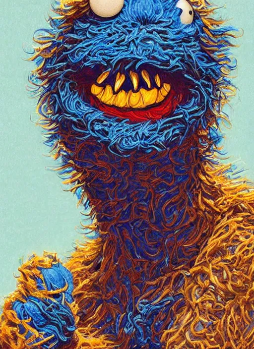 Image similar to portrait of Deliriously happy Cookie Monster in Society (1989), intricate, highly detailed, centered, solid color background, digital painting, artstation, concept art, smooth, sharp focus, illustration, artgerm, donato giancola, Joseph Christian Leyendecker, WLOP, Artgerm