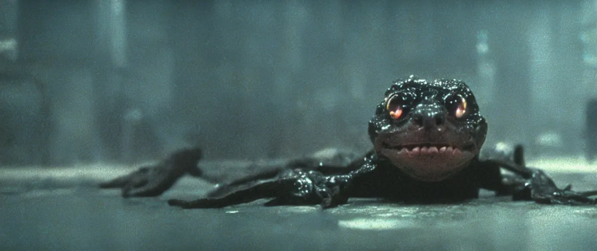 Image similar to Close up of a happy Lepidobatrachus laevis sitting on the floor and facing the camera in a still from the movie Blade Runner (1982), high quality, rain, rain drops, cold neon lighting, 4k, night, award winning photo, beautiful, cute