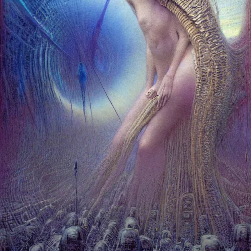 Prompt: lost on a gigeresque planet by jean delville by luis royo and wayne barlowe, beksinski