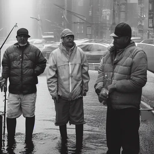 Image similar to closeup portrait of a group of fishermen trying to fish with fishing rods in between car traffic in rainy new york street, by David Lazar, natural light, detailed face, CANON Eos C300, ƒ1.8, 35mm, 8K, medium-format print