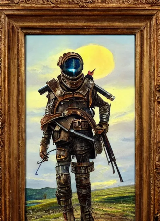 Image similar to a detailed painting of a man in post apocalyptic home made armour and a helmet holding a modified shotgun walking towards a sunset. hd. 1 9 5 0 s oil painting style.