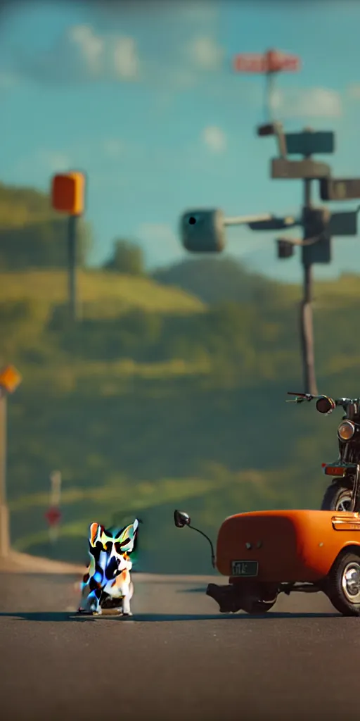 Image similar to A single cute corgi on a motorcycle, by Simon Stalenhag, unreal engine, octane render, 8k, rule of thirds