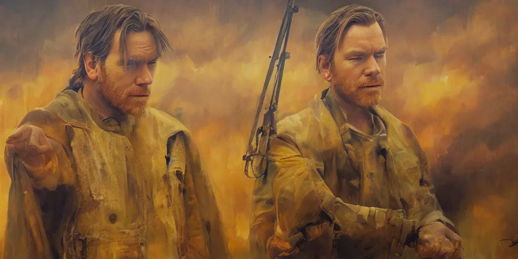 Image similar to we see ewan mcgregor from side. atmospheric feeling, warm colours, brown colours, yellow colours, epic scene, cinematic, very detailed, oil painting