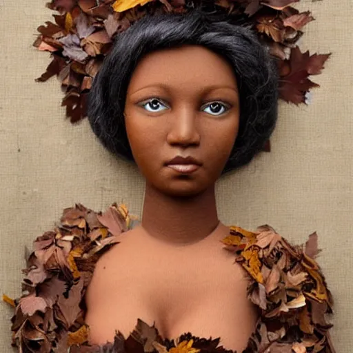 Prompt: dark skinned woman makes a living doll out of leaves and wool, by howard david johnson