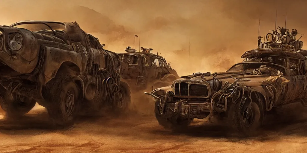 Prompt: an environmental concept art from mad max fury road, single muscle car speeding through the desert, highly detailed, cinematic, dramatic lighting by francis tneh